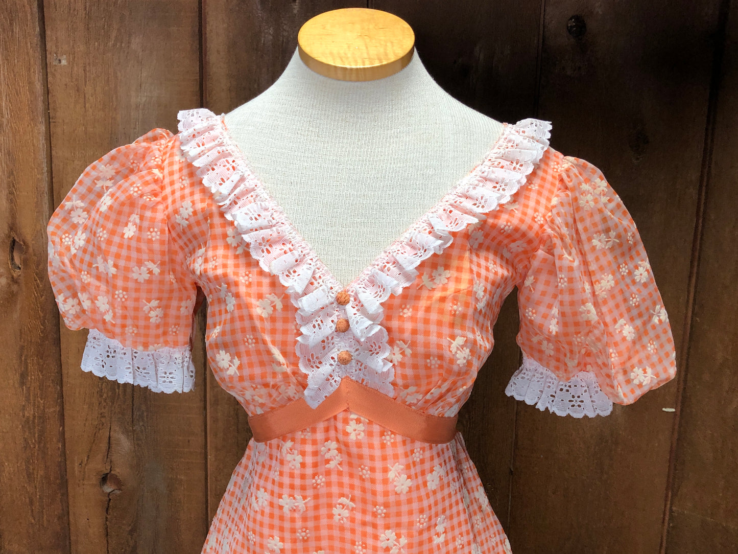 70s Orange Gingham & Lace Dress w27