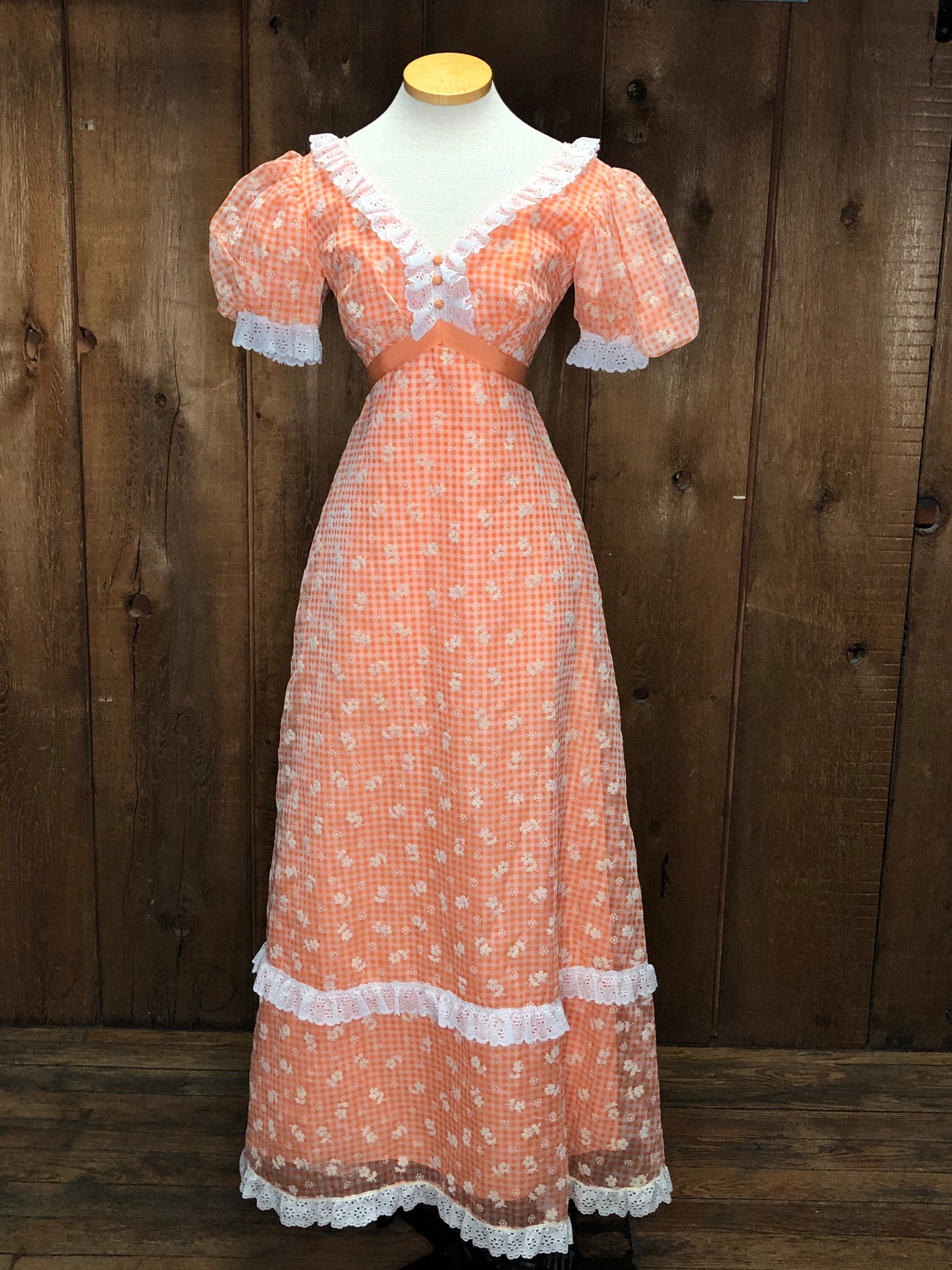 70s Orange Gingham & Lace Dress w27