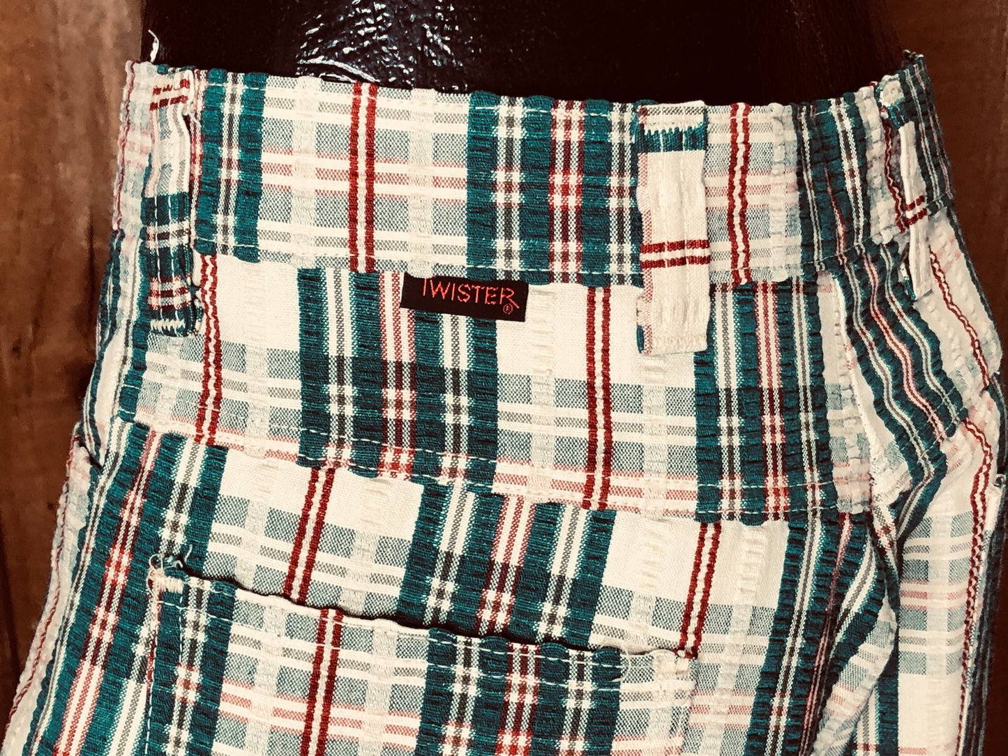 70s Twister Grn Plaid Seer Sucker Pants W32