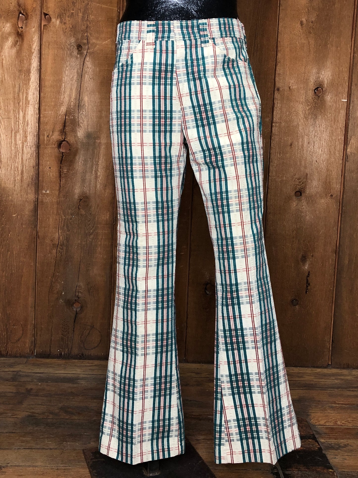 70s Twister Grn Plaid Seer Sucker Pants W32