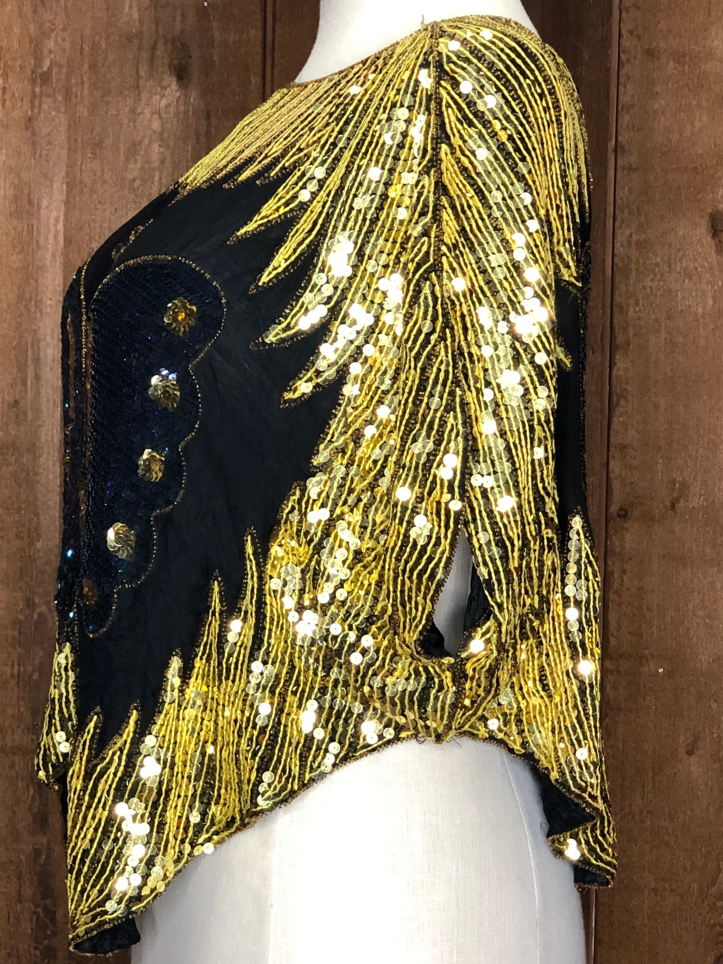 90s Tan Chho Blk/Gold/Blue Silk Butterfly Top S/M