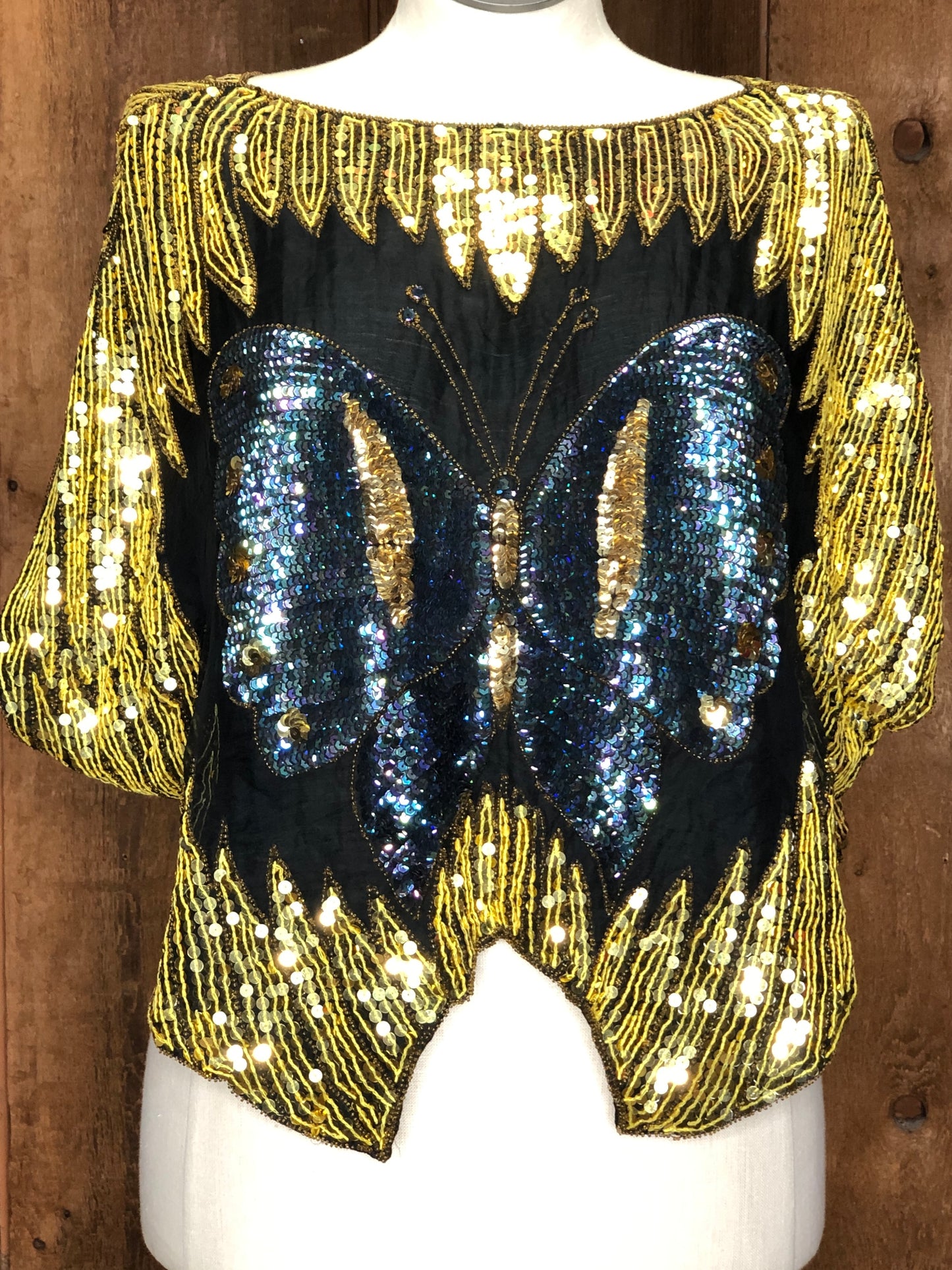 90s Tan Chho Blk/Gold/Blue Silk Butterfly Top S/M