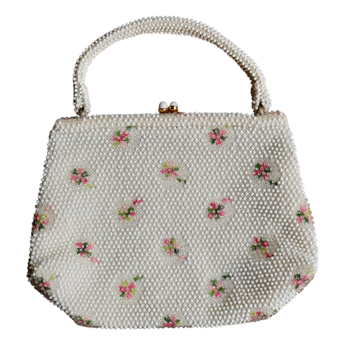60s Cordle Bead Pink Roses Purse