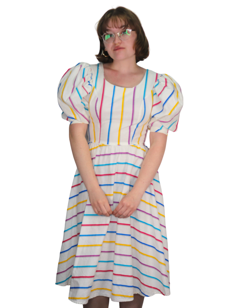 80s Plaza South Rainbow Stripe Mutton Sleeve Dress  w28