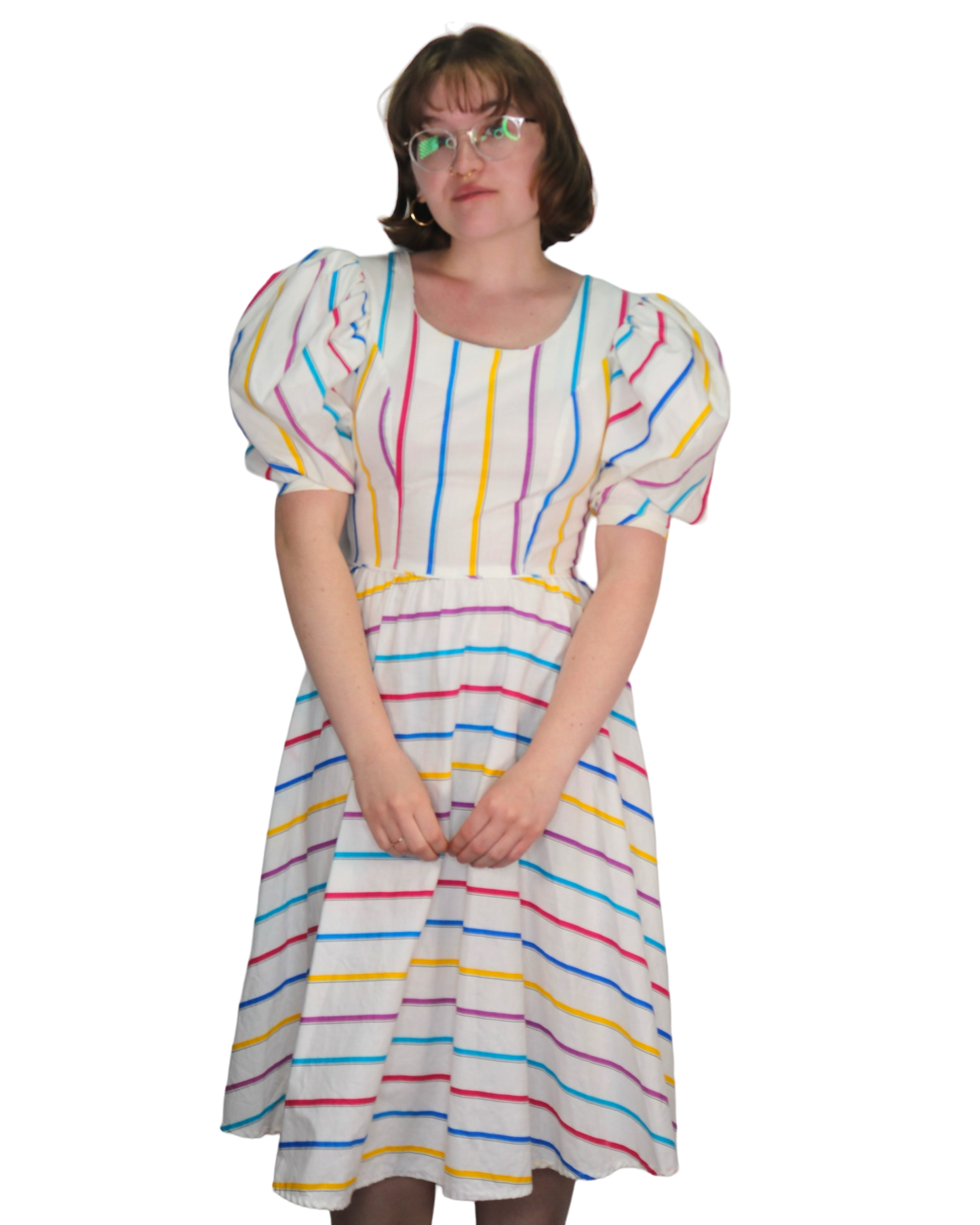 80s Plaza South Rainbow Stripe Mutton Sleeve Dress w28