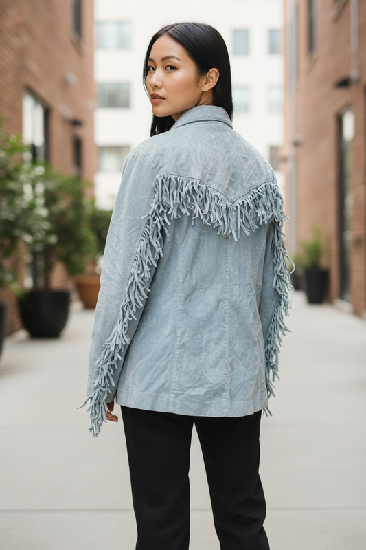 80s Sky Blue Suede Fringe Jacket     M/L