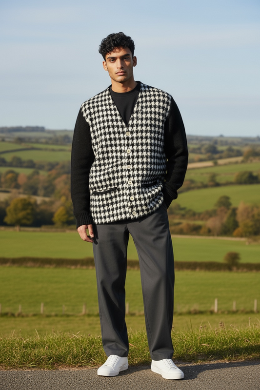 60s Arrow Blk Houndstooth Wool Cardigan     M