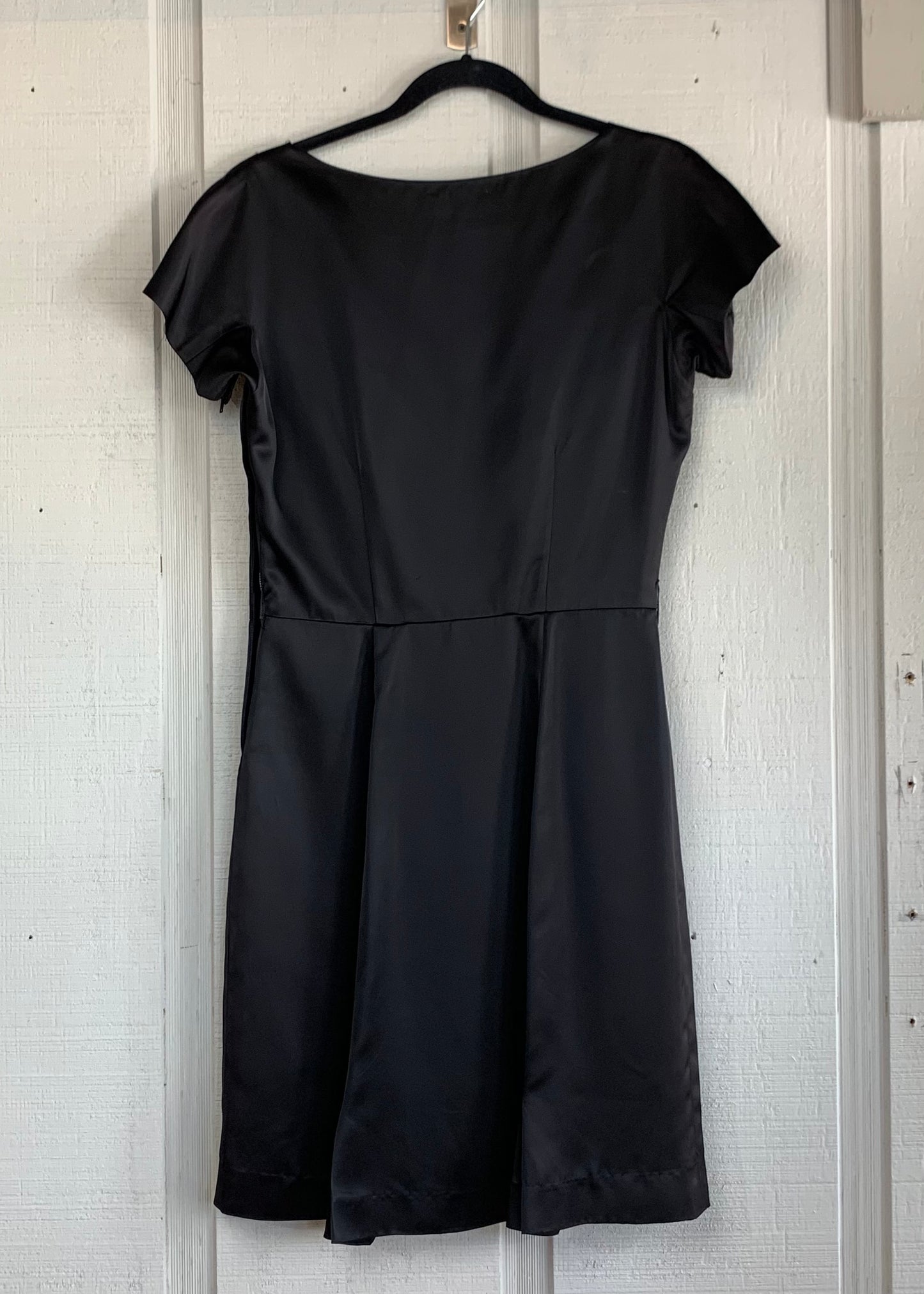 50s Black Satin Cap Sleeve Dress M w(28)