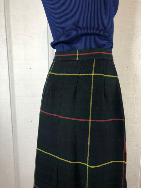 60s Wool Window Pane Plaid Midi Skirt     w29