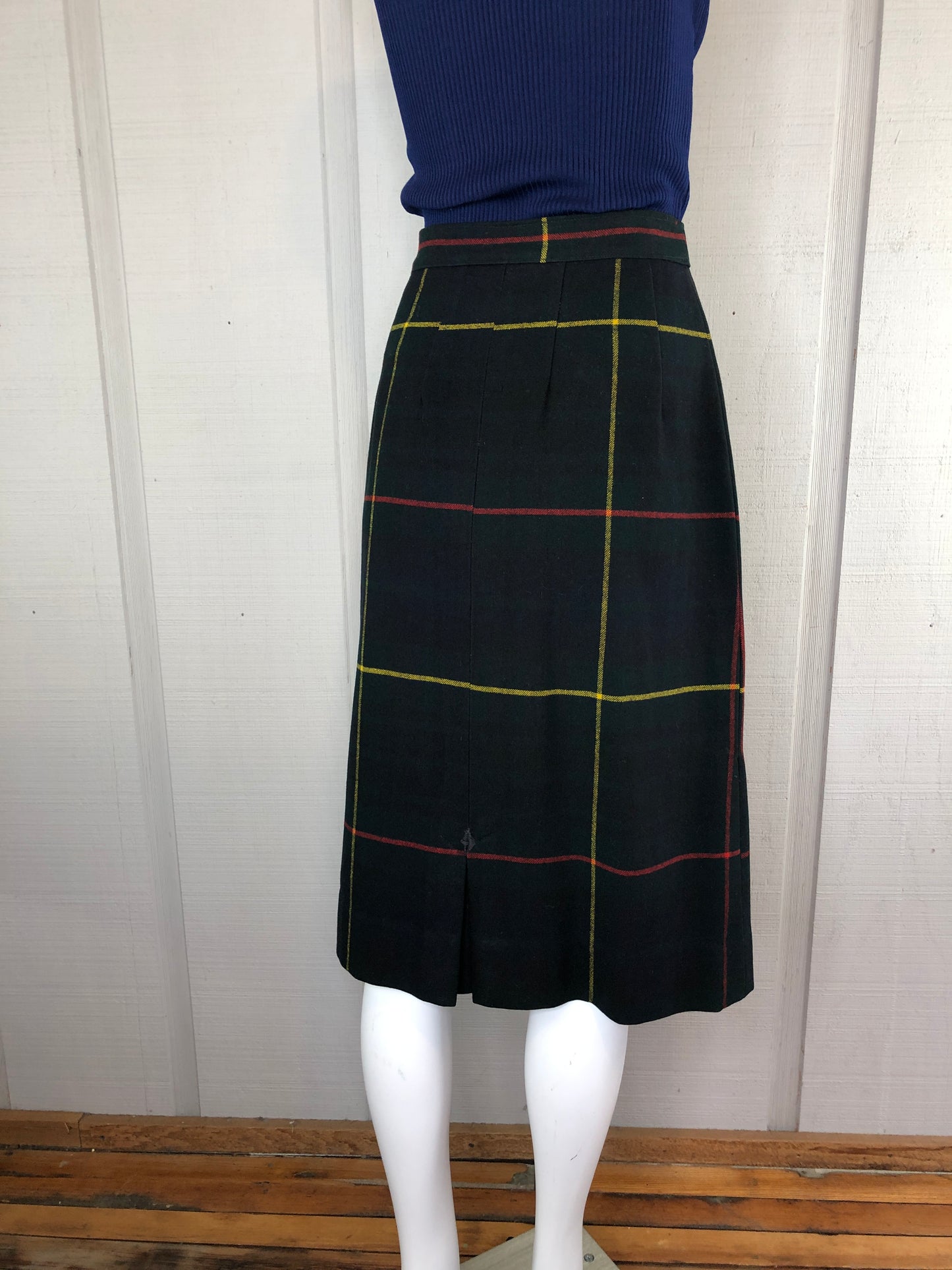 60s Wool Window Pane Plaid Midi Skirt w29