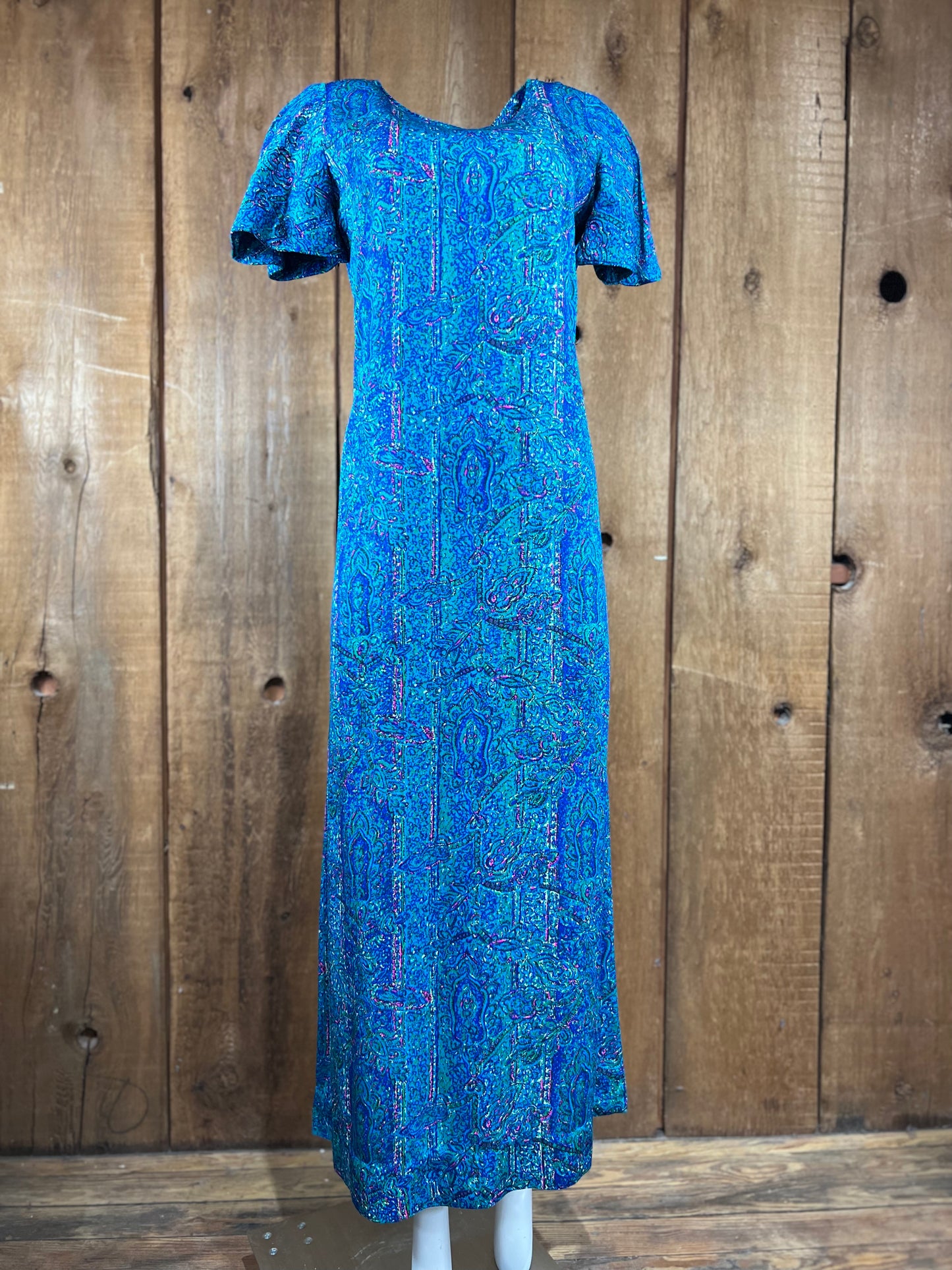 60s Teal Psychedelic Maxi Dress M