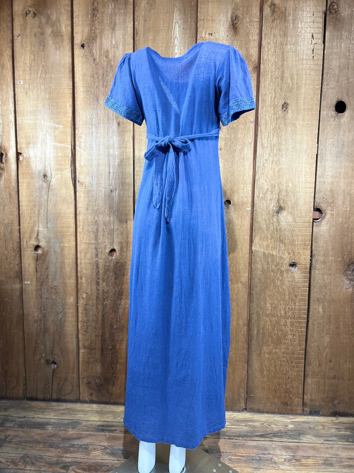 70s Embroidered Blue Gauze Maxi Dress s/m