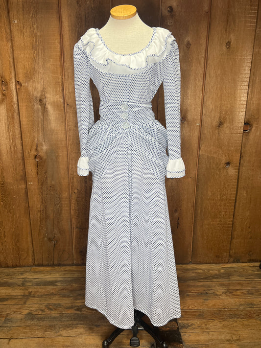 70s Blue Dot Maxi Dress w/Bustle     W34