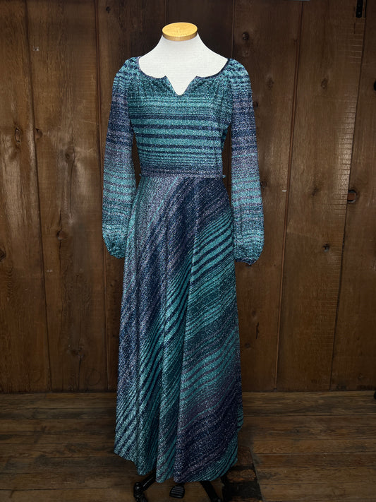 70s Metallic Blues Maxi Dress      W30