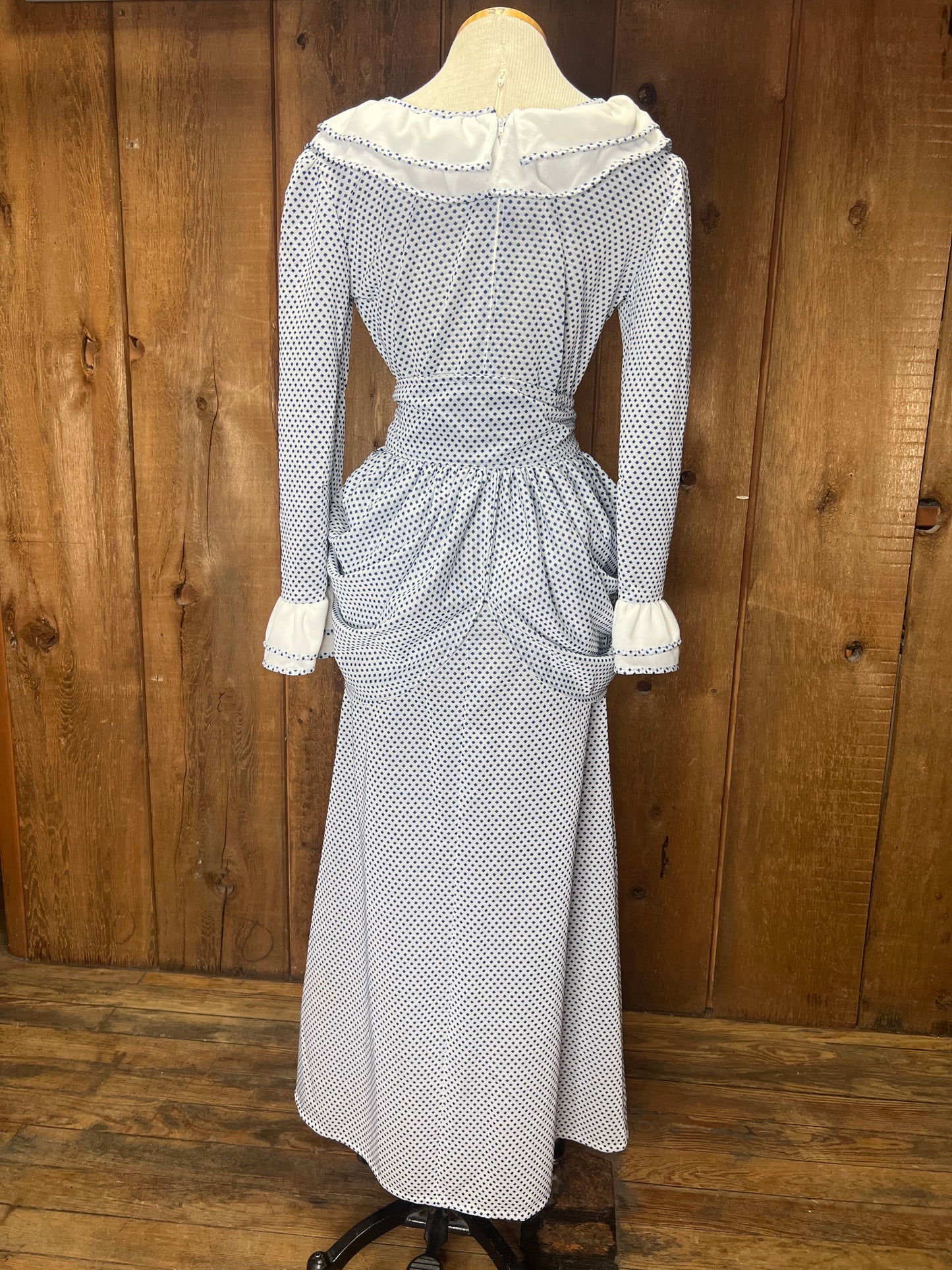 70s Blue Dot Maxi Dress w/Bustle     W34