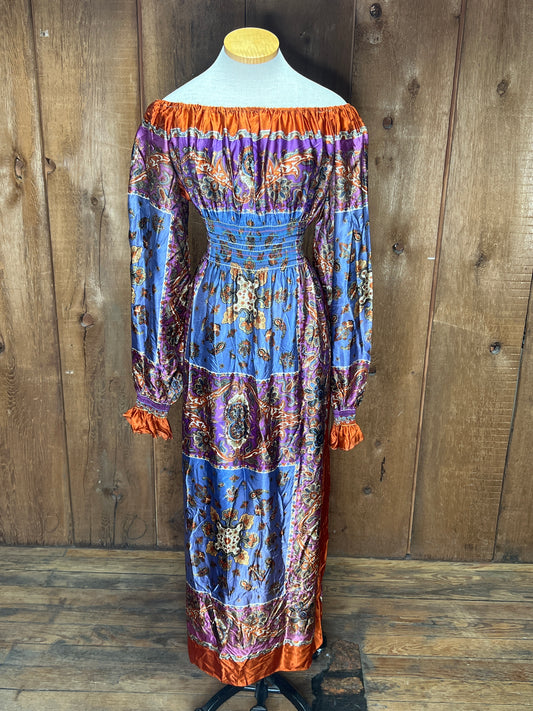70s Satin Scarf Handmade Maxi Dress      L