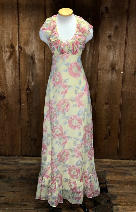 70s Florals Ruffle Halter Maxi Dress      S