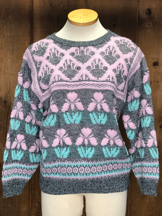 80s Rose Pnk/Gray/Mint Iris Sweater   L