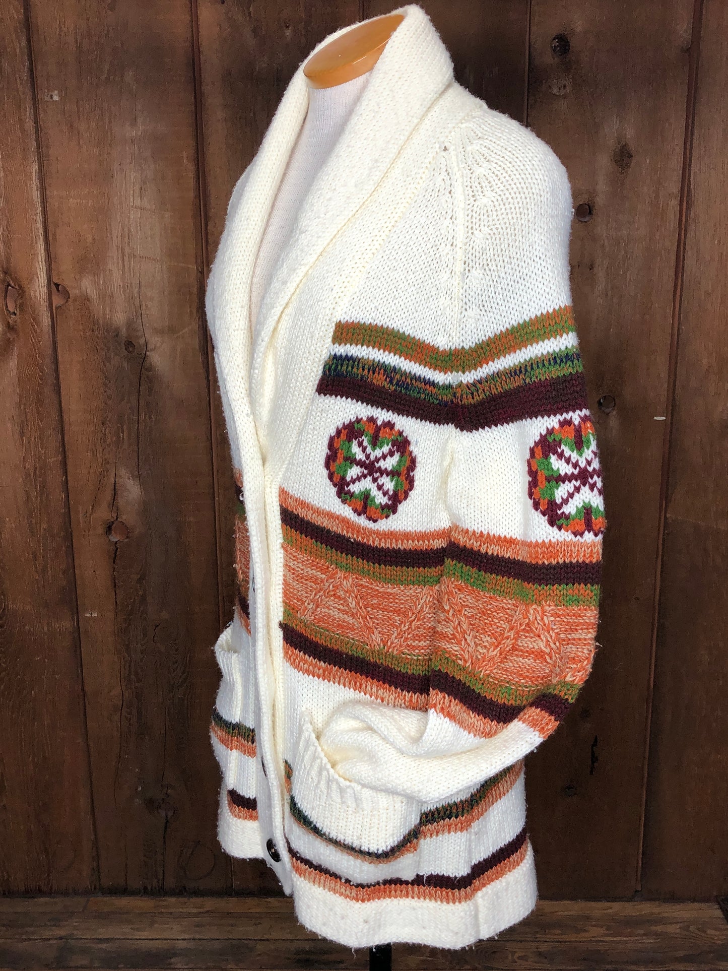 70s Ivory/Orng Tunic Cardigan    L
