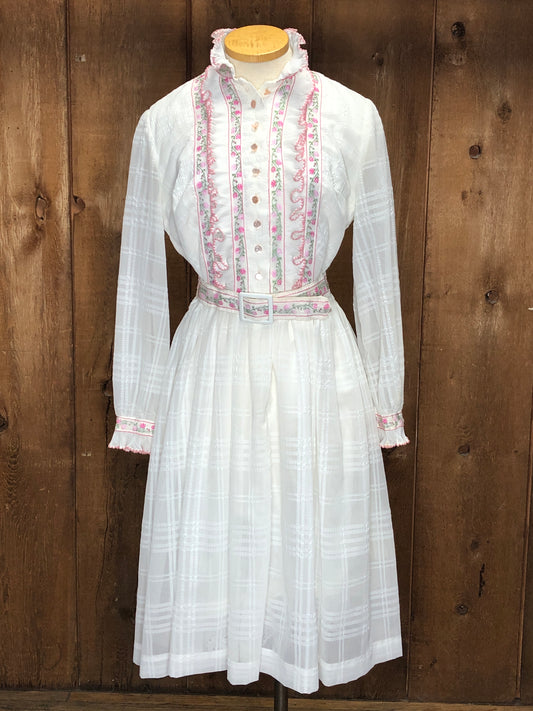 70s Glenbrooke White w/Pink Trims Dress    M