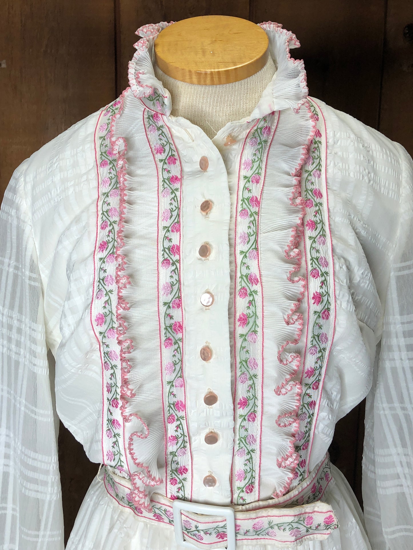 70s Glenbrooke White w/Pink Trims Dress    M