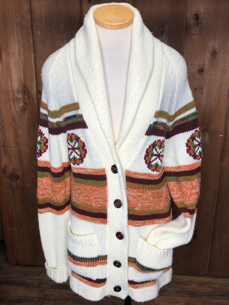 70s Ivory/Orng Tunic Cardigan    L