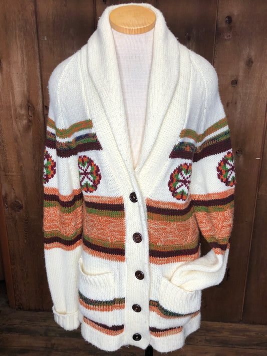 70s Ivory/Orng Tunic Cardigan    L