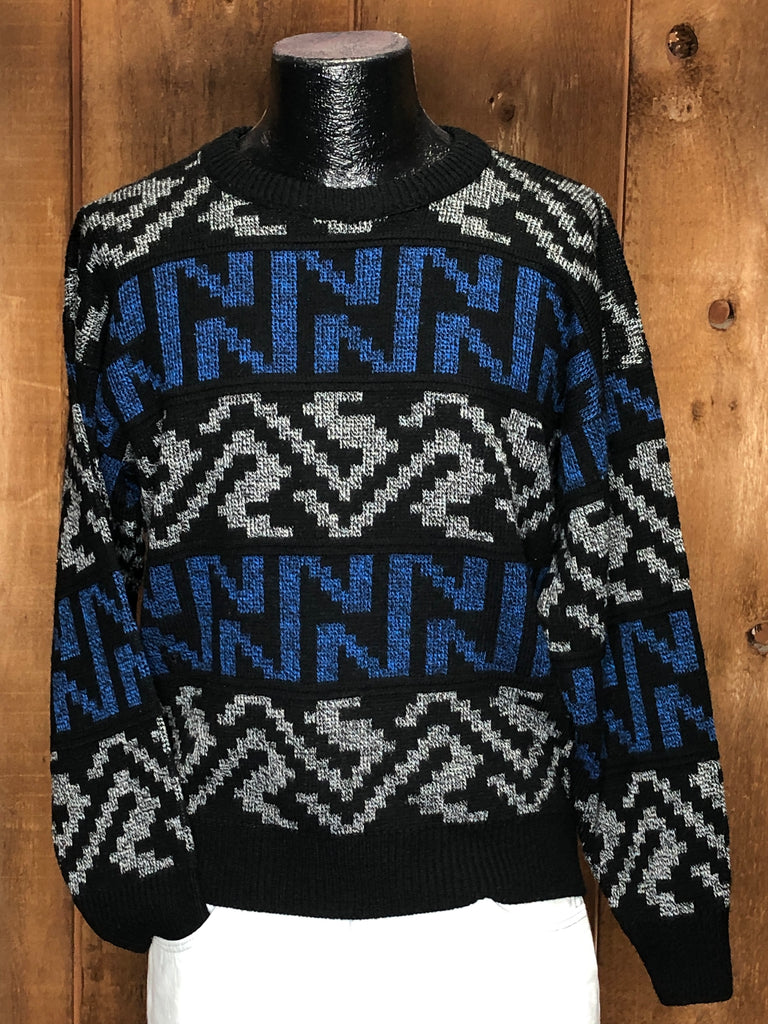 80s Graphix Blue/Blk/Gray Geo.Sweater   L