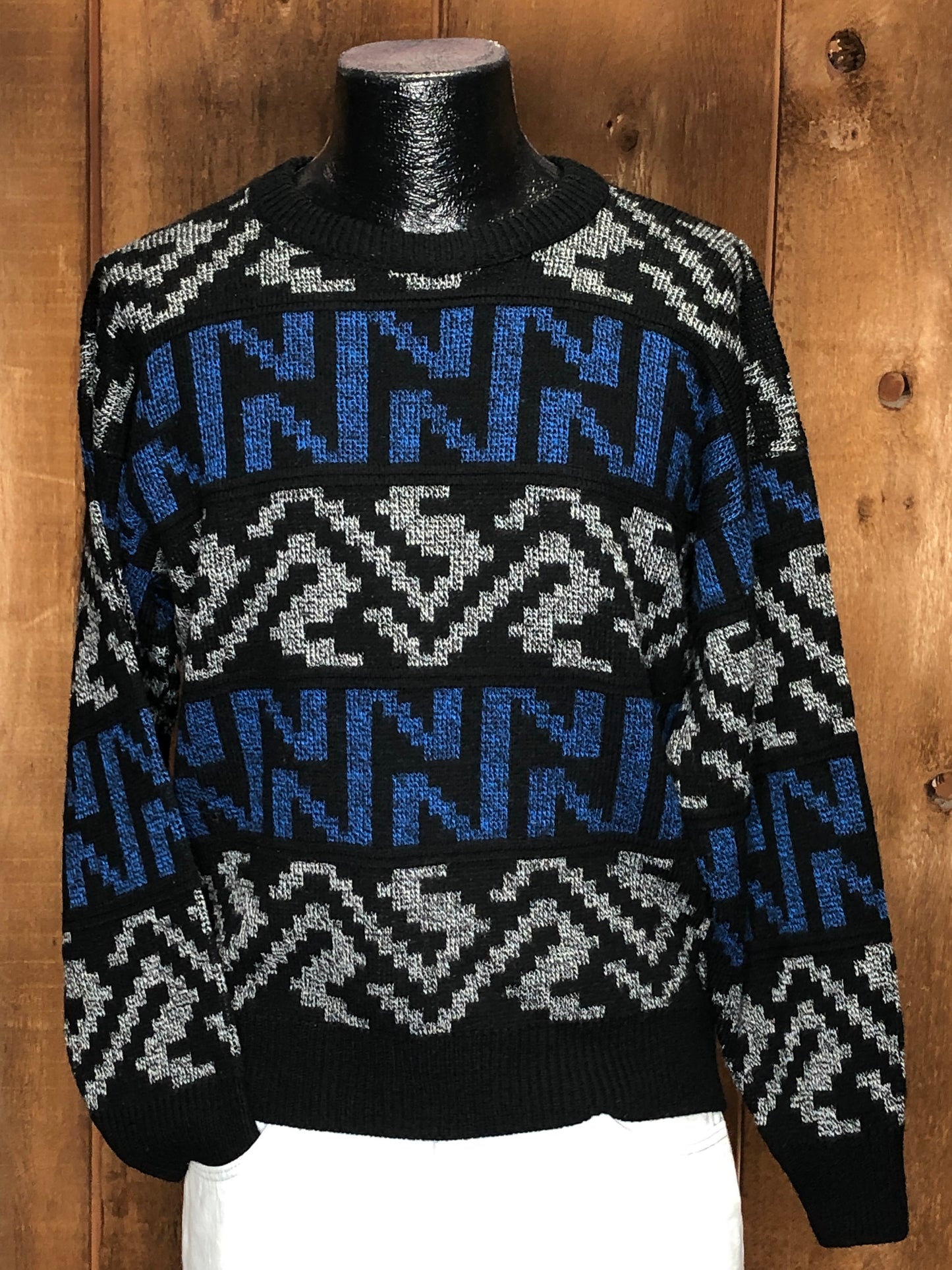 80s Graphix Blue/Blk/Gray Geo.Sweater   L