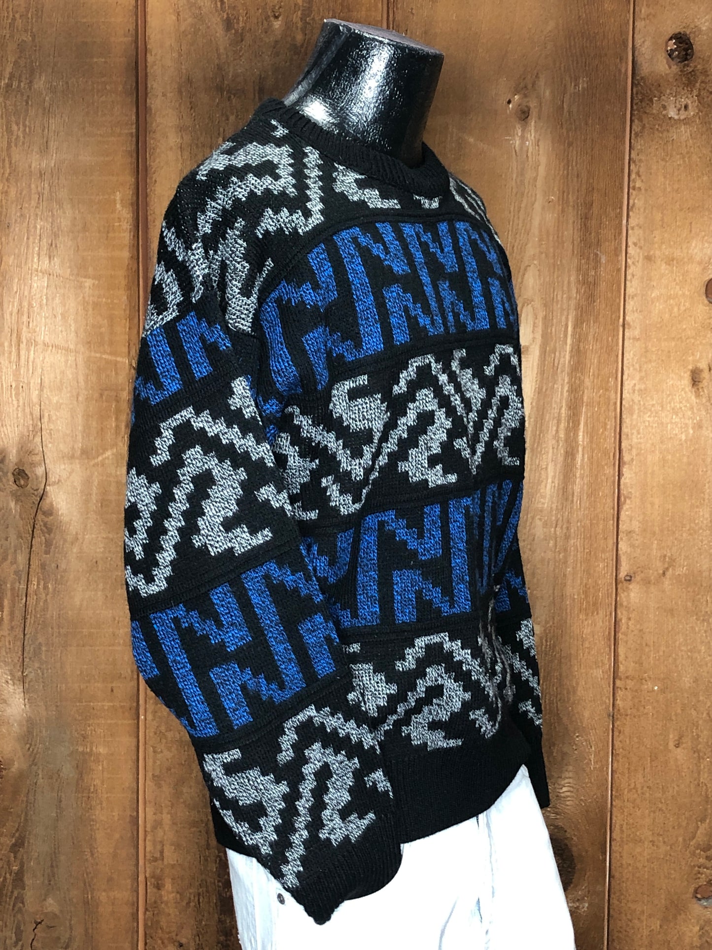 80s Graphix Blue/Blk/Gray Geo.Sweater   L