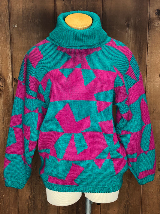 80s Teal/Pink Turtleneck Sweater      S