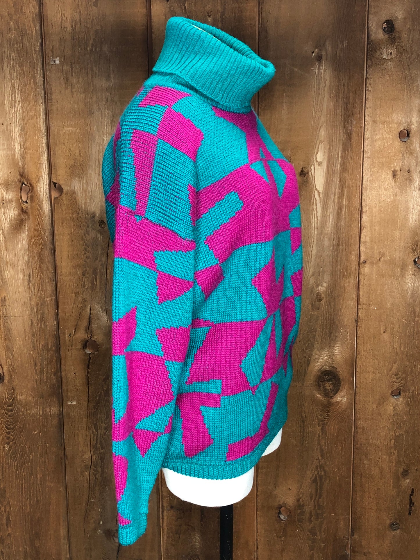 80s Teal/Pink Turtleneck Sweater      S