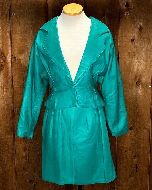 90s Christian Lauren Teal Leather Skirt Suit       w27