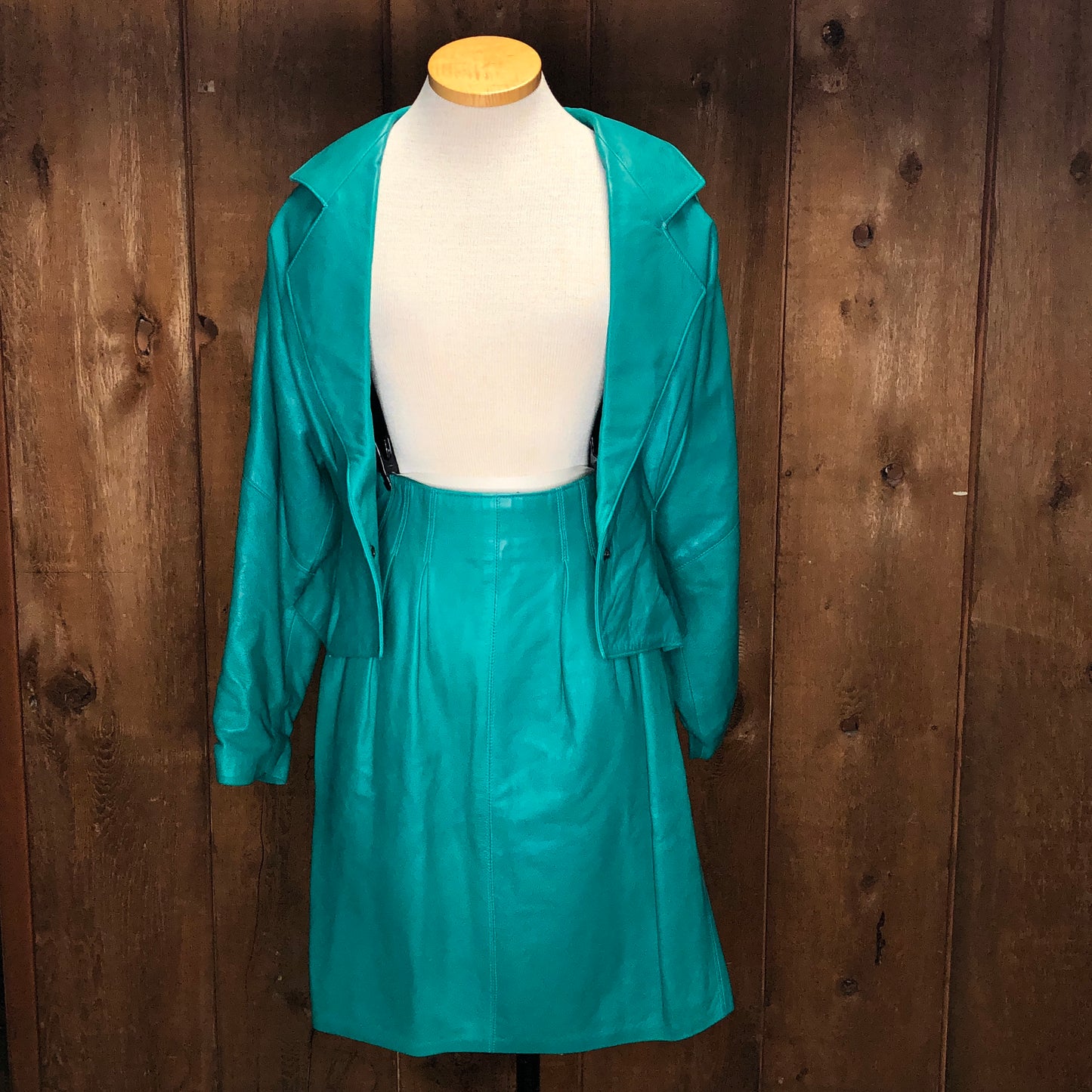 90s Christian Lauren Teal Leather Skirt Suit       w27