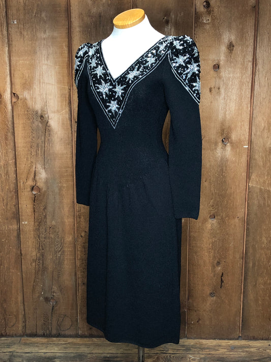 80s Pat Sandler Blk Knit & Sequin Dress     S