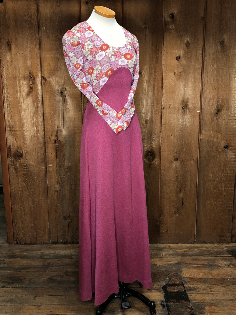 70s Mauve Florals Maxi Dress     S/M