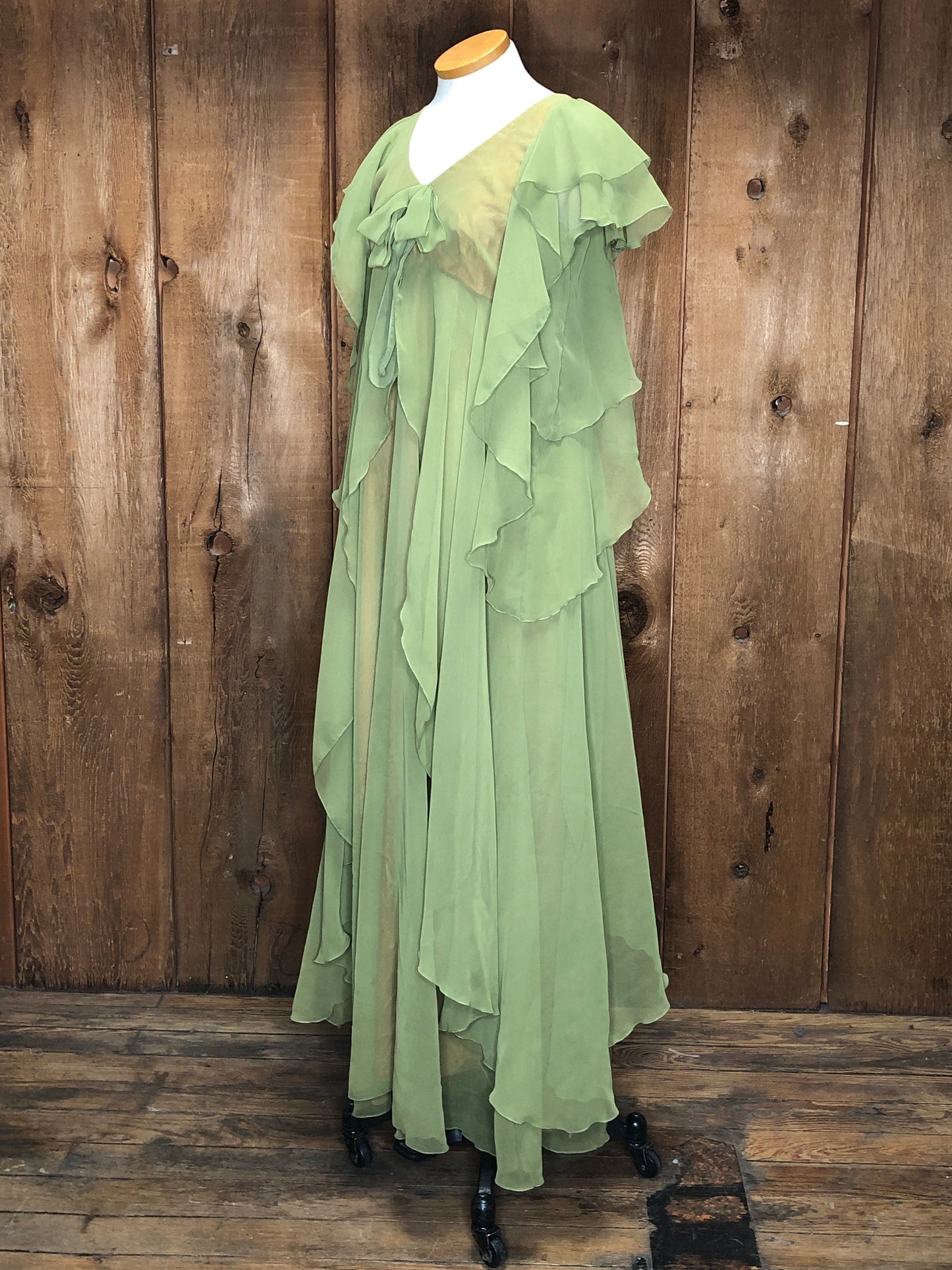 70s John Charles Green Ruffle Gown      S