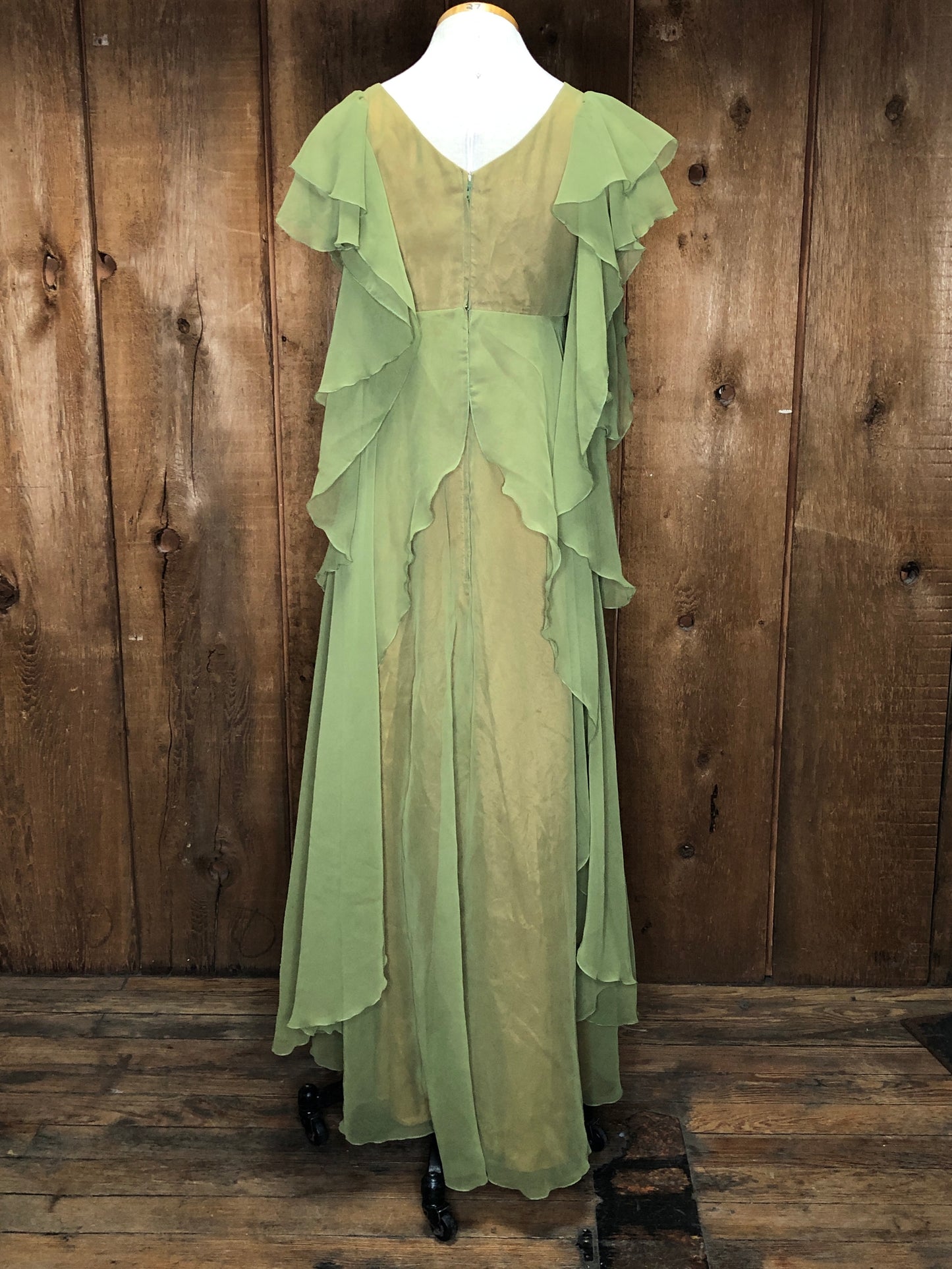 70s John Charles Green Ruffle Gown      S
