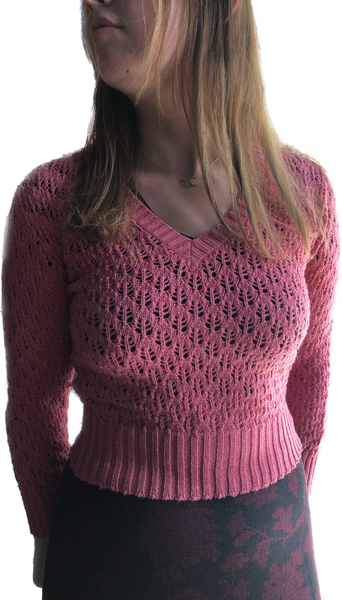 70s French Pink Knit V-Neck Sweater     S