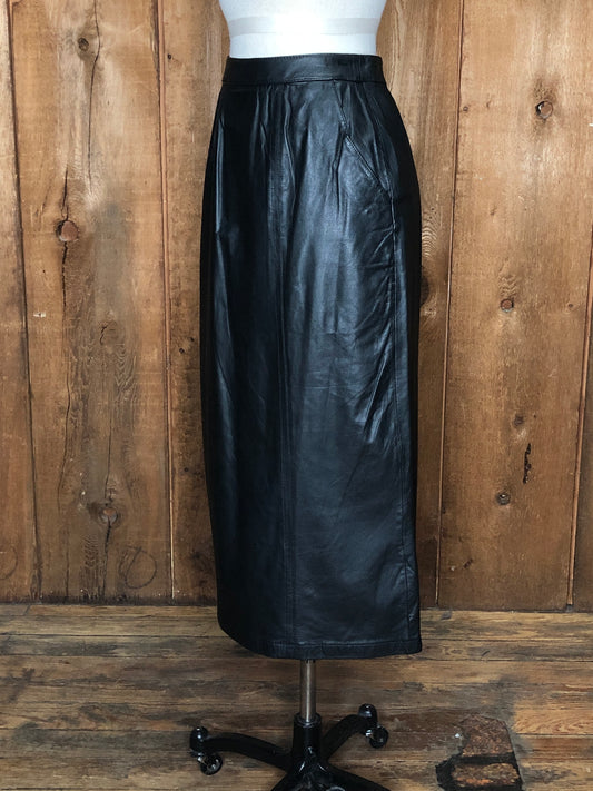 80s Erena Black Leather Pencil Skirt     w28