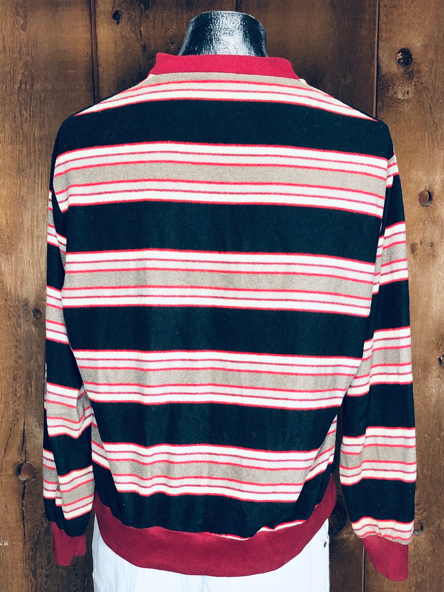70s JCP Velour Blk/Rd/Gry Stripe Shirt          L