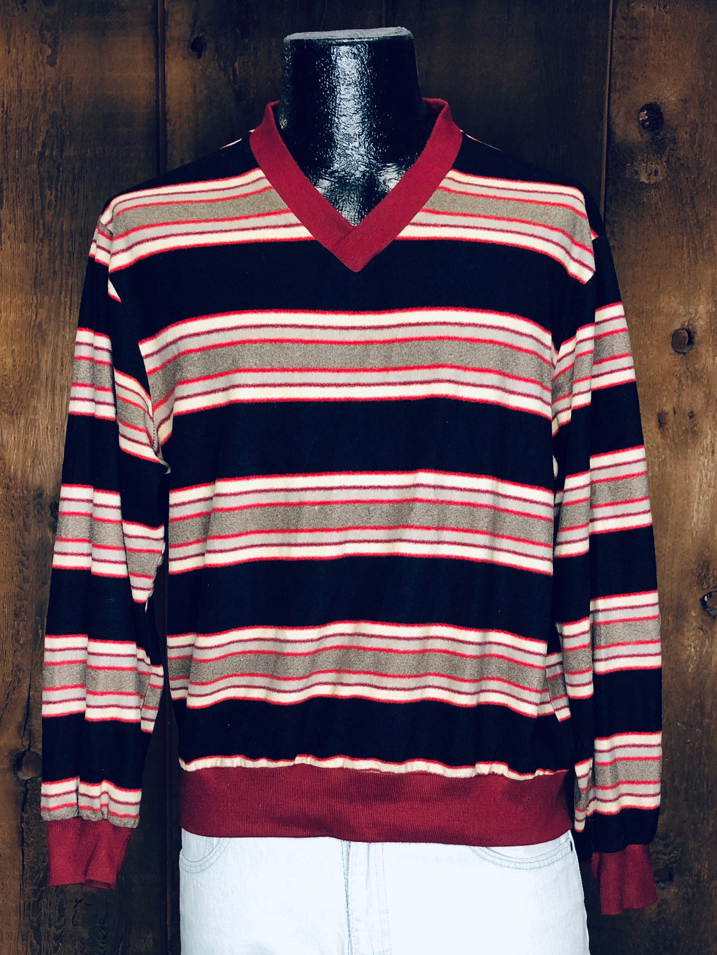 70s JCP Velour Blk/Rd/Gry Stripe Shirt          L