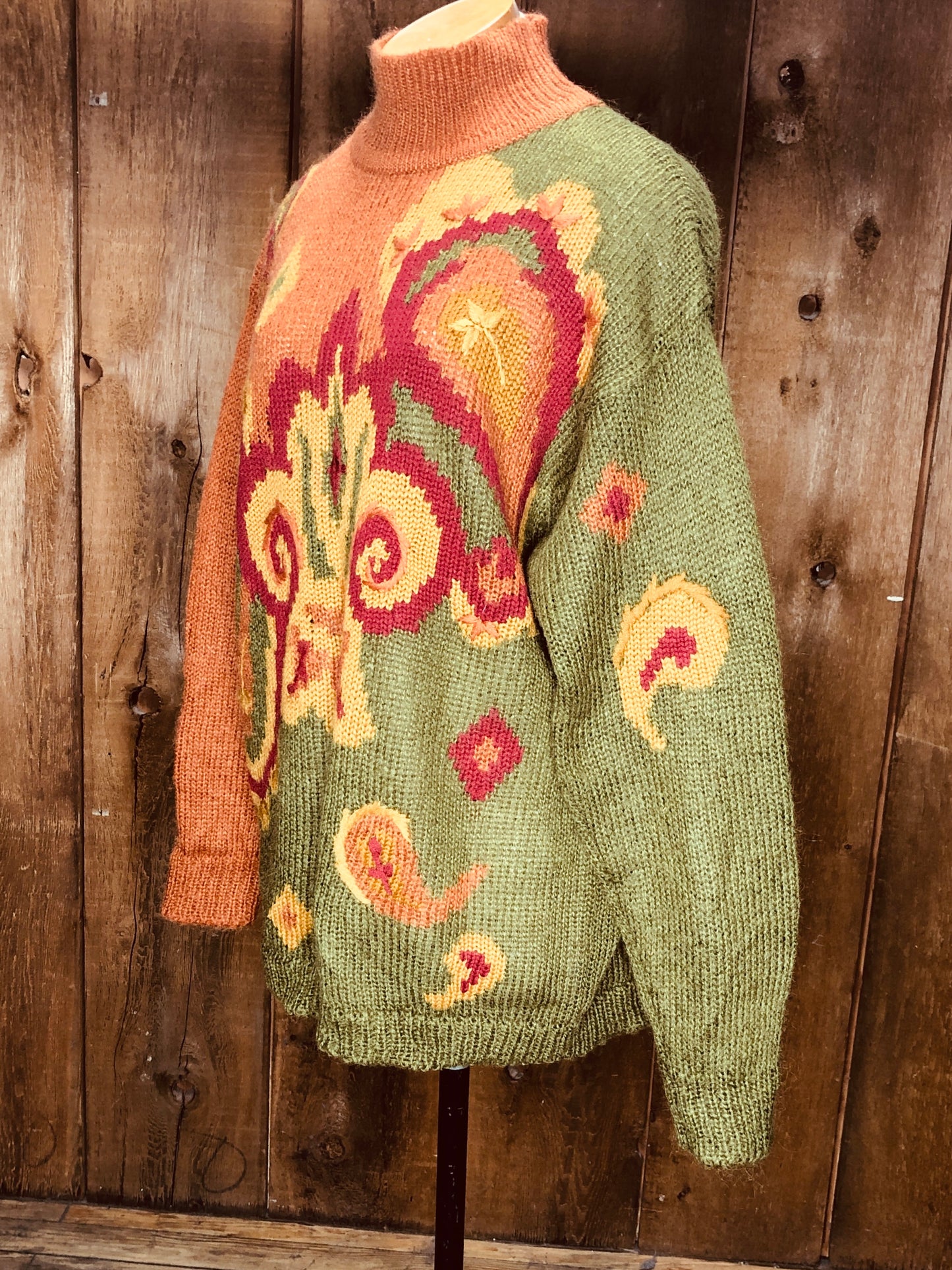 90s Sk&Co Orng/Grn Paisley Sweater     L