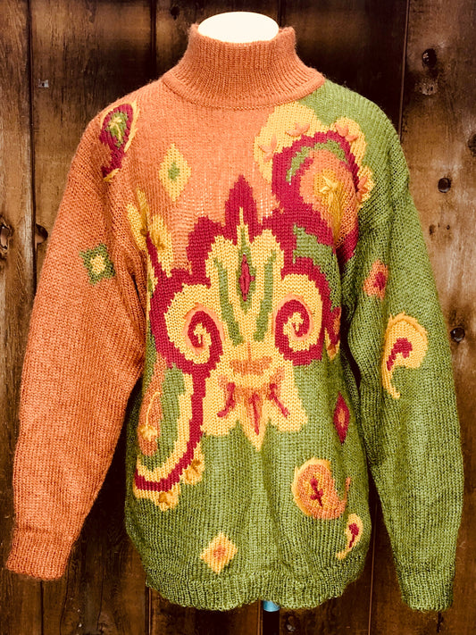 90s Sk&Co Orng/Grn Paisley Sweater     L