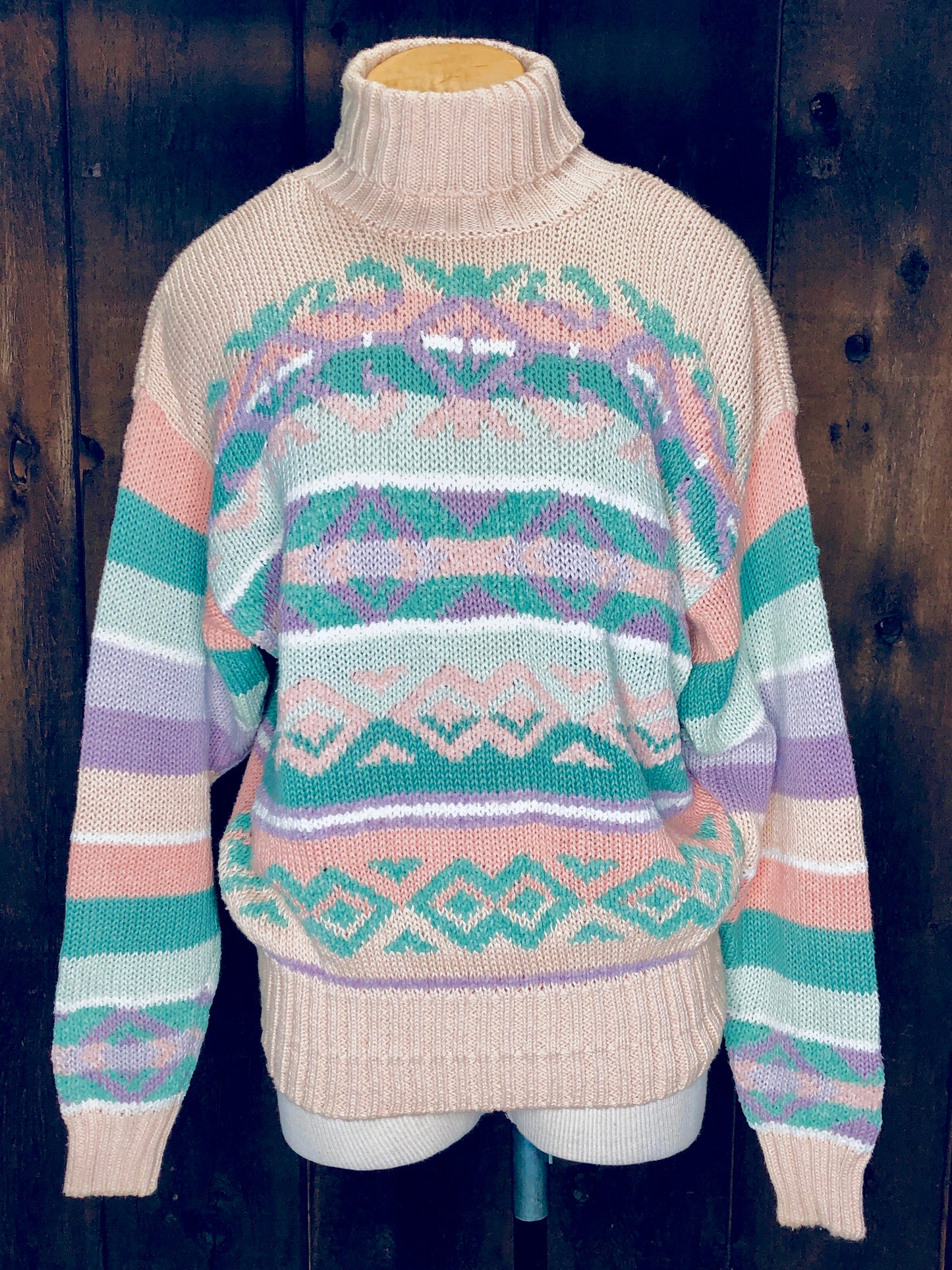 90s LizS. Peach/Grn Cotton Sweater     L