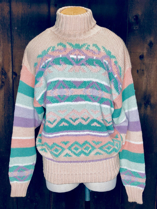 90s LizS. Peach/Grn Cotton Sweater     L