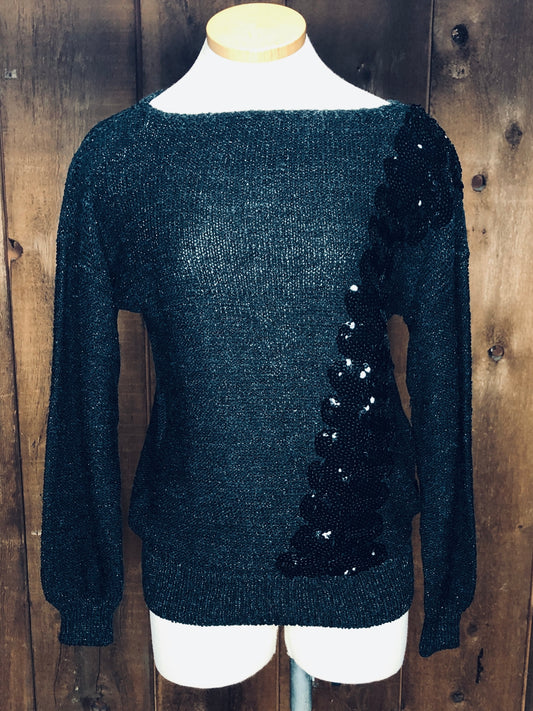 90s Black Sparkle & Sequin Sweater      L