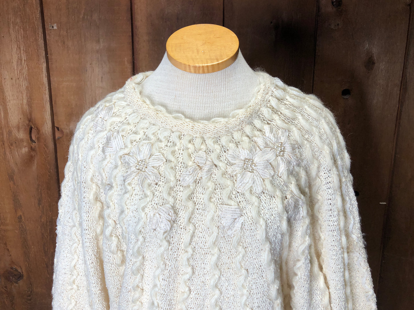 80s MarieaKim Wavy Knit Ivory Sweater    L
