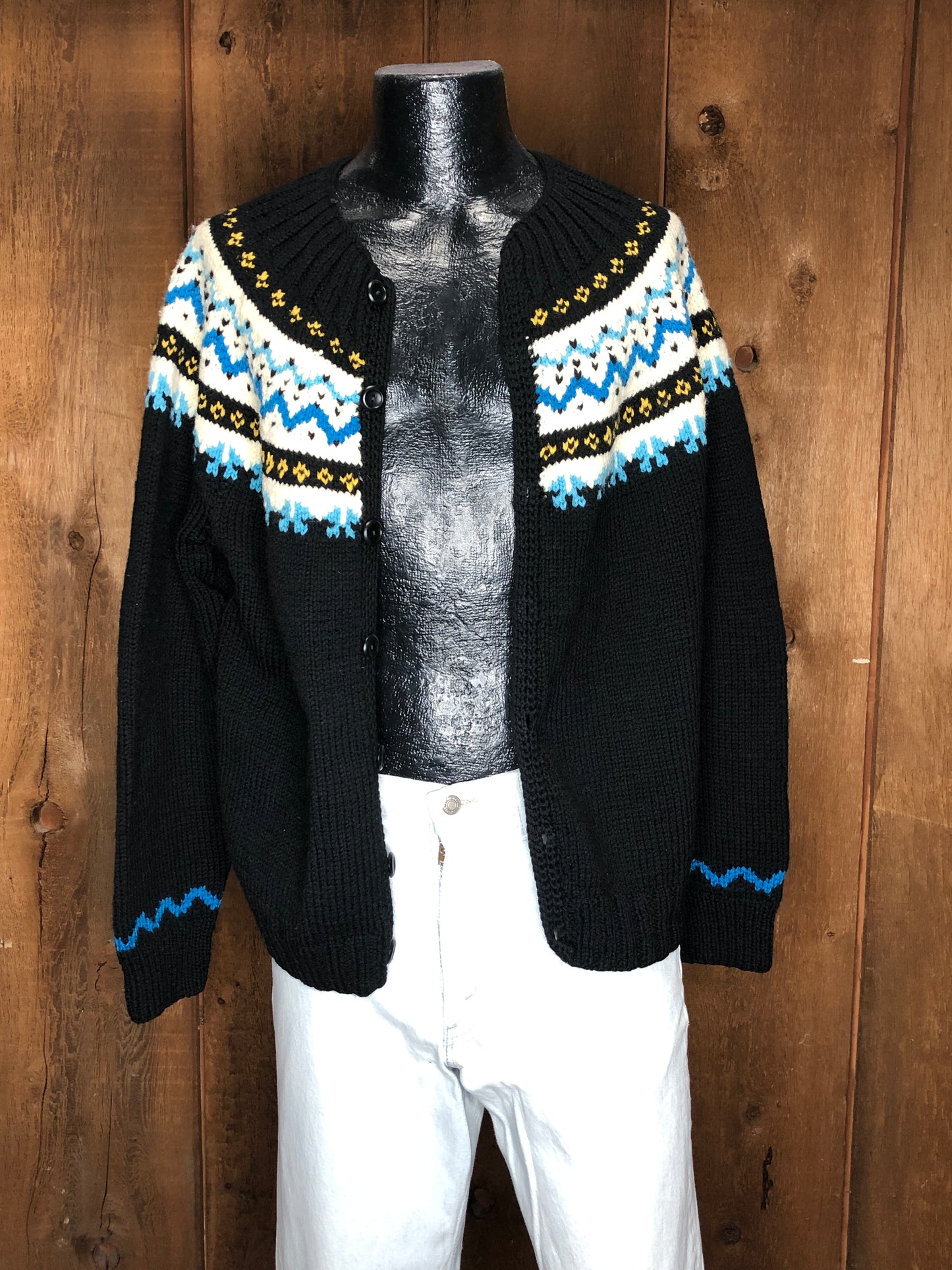 80s Hand Knit Black Fair Isle Cardigan     M/L