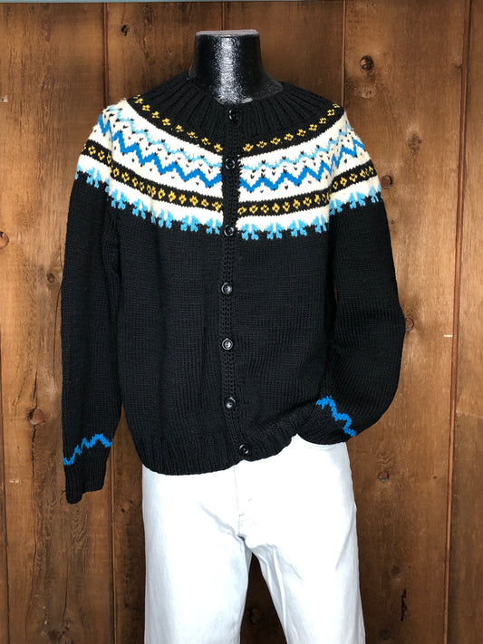 80s Hand Knit Black Fair Isle Cardigan     M/L